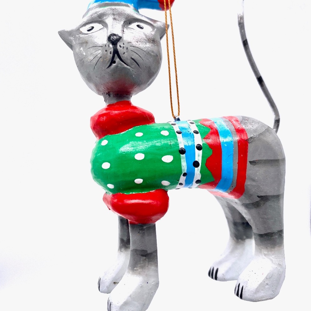 Monkey Business Grey Cat Sweater Ornament